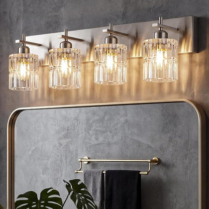 OCIOC 4-Light Nickel Bathroom Vanity Light Over Mirror, Brushed Nickel Bathroom Wall Lights with Glass Shades, Indoor Wall Mounted Lamp for Living Room Bedroom Hallway