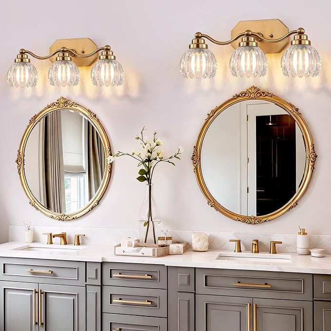 Bathroom Vanity Light, Gold Vintage Tulip Glass Shade, Antique Brass Finish | 3 Light Brushed Gold Bathroom Light Fixtures, Crystal Wall Sconce, Mounted Over Mirror for Bedroom Hallway, Easy to Install