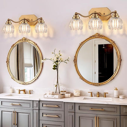 Bathroom Vanity Light, Gold Vintage Tulip Glass Shade, Antique Brass Finish | 3 Light Brushed Gold Bathroom Light Fixtures, Crystal Wall Sconce, Mounted Over Mirror for Bedroom Hallway, Easy to Install