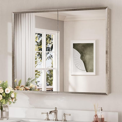 Keonjinn Medicine Cabinet Mirror 40" x 32", Assembly Needed, Brushed Nickel Medicine Cabinet with Mirror for Bathroom, Beveled Framed, Adjustable Shelves, Wall-Mounted or Recessed, Tempered Glass