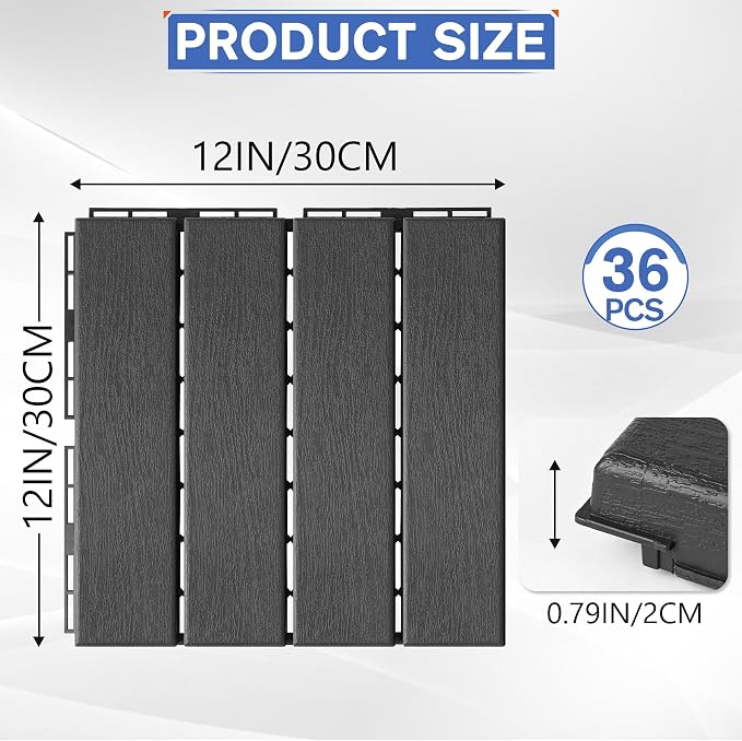 36 Pcs Plastic Interlocking Deck Tiles 12" x 12" Patio Floor Decking Tiles Indoor Outdoor Waterproof Non-Slip Flooring Tiles All Weather Use for Balcony Backyard Porch Poolside, Dark Grey