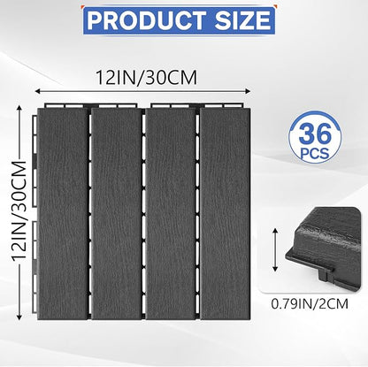 36 Pcs Plastic Interlocking Deck Tiles 12" x 12" Patio Floor Decking Tiles Indoor Outdoor Waterproof Non-Slip Flooring Tiles All Weather Use for Balcony Backyard Porch Poolside, Dark Grey