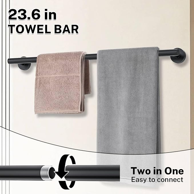 6 Pieces Towel Bar Set Matte Black Bathroom Hardware Set Includes 23.6 Inch Towel Bar,Stainless Steel Wall-Mounted Bathroom Accessory Set