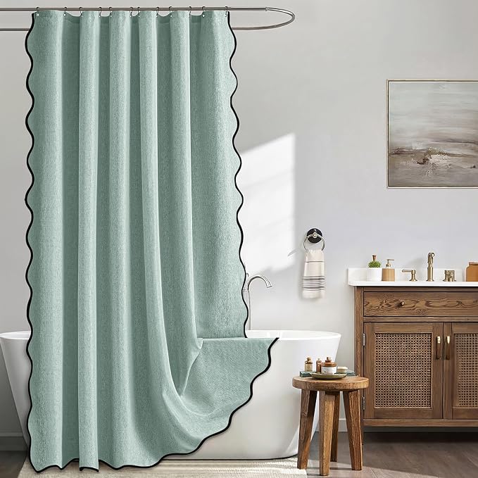 MIULEE Seafoam Green Scalloped Linen Shower Curtain 72x72 Inches | Linen Textured, Waterproof, Washable, 12 Metal Hooks, Heavy Duty Cloth, Black Border, Shower Curtain for Bathroom Bathtub