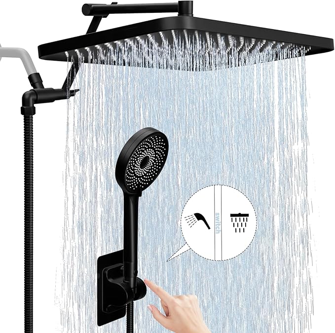 13" Rainfall Shower Head with Handheld Spray, Button Switch by Handheld | Waterfall Showerhead , 3-Modes Spray, Adjustable Extension Arm, 71 Inches Stainless Steel Hose(Matte Black)