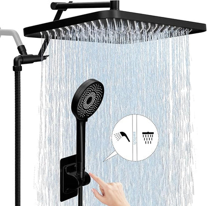 13" Rainfall Shower Head with Handheld Spray, Button Switch by Handheld | Waterfall Showerhead , 3-Modes Spray, Adjustable Extension Arm, 71 Inches Stainless Steel Hose(Matte Black)