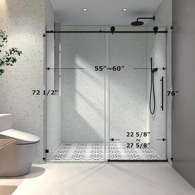 Single Sliding Shower Door,55"-60" W x 76" H Frameless Shower Door with 5/16" (8mm) Thick SGCC Tempered Glass W/Adjustable Soft Closing,Bathroom Glass Door for Spa（Matte Black）