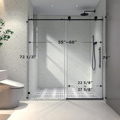 Single Sliding Shower Door,55"-60" W x 76" H Frameless Shower Door with 5/16" (8mm) Thick SGCC Tempered Glass W/Adjustable Soft Closing,Bathroom Glass Door for Spa（Matte Black）