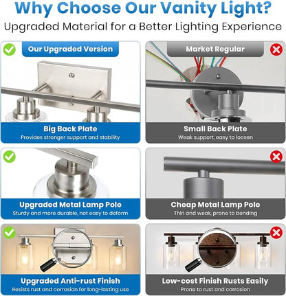 Ascher 4 Light Bathroom Light Fixture, Brushed Nickel Bathroom Lighting Fixtures Over Mirror, Vanity Light with Clear Glass Shade, Wall Sconce for Living Room Bedroom Cabinet, E26 Base