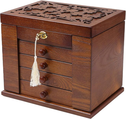 Changsuo Wooden Jewelry Box for Women, Organizer Box of Solid Wood with Lock and Key for Jewelries, Watches, Necklace, Ring, Lockable Storage Case (Dark Brown)