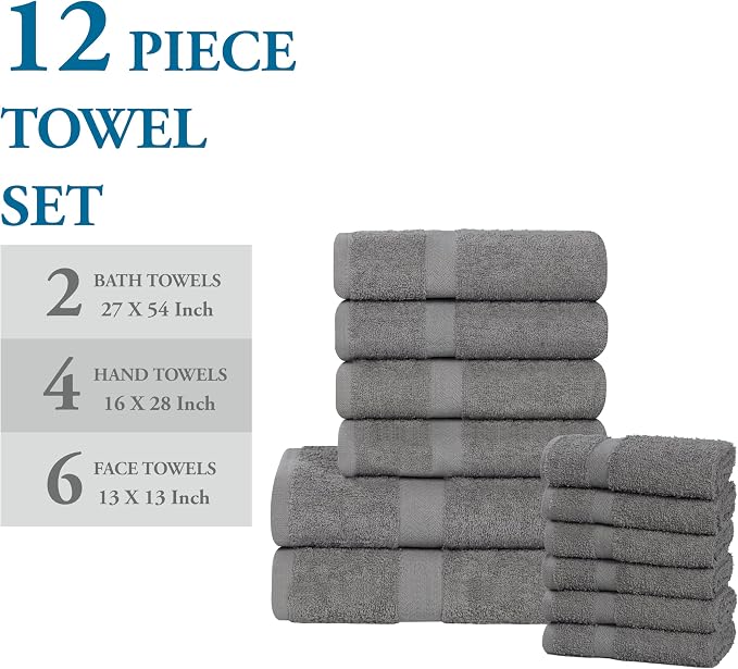 Superior 12-Piece Cotton Assorted Towel Set, Includes 6 Face Towel, 4 Hand, and 2 Bath Towels, Home, Bathroom, Guest Bath Essentials, Quick Dry, Absorbent, Franklin Collection - Charcoal