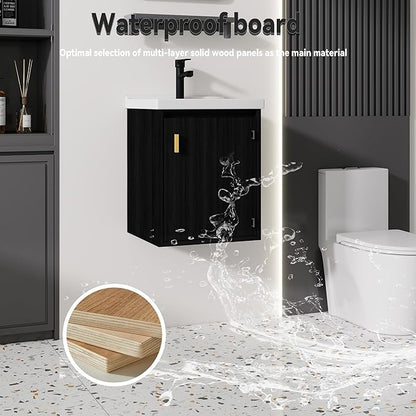 16'' Bathroom Vanity with Ceramic Sink Combo, Wall Mounted Small Bathroom Vanity with Soft-Close Door Modern Floating Cabinet, Pop-up Drain, P-Trap Included, Black(No Faucet)