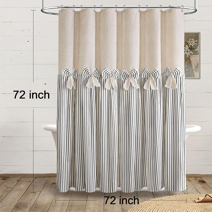 Farmhouse Shower Curtain Linen Bow Pleated Black Stripe 72"W x 72"L | Farmhouse Style, Chic Bow, Striped, Linen Fabric, Rustic, Country, Natural Look, Washable, for Bathroom Bathtub