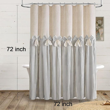 Farmhouse Shower Curtain Linen Bow Pleated Black Stripe 72"W x 72"L | Farmhouse Style, Chic Bow, Striped, Linen Fabric, Rustic, Country, Natural Look, Washable, for Bathroom Bathtub