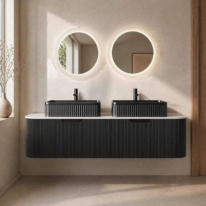 60 Inch Double Sink Bathroom Vanity, Floating Wall Mounted Cabinet, Black Curved Fluted Front, Stone Top, Dual Black Textured Rectangular Vessel Basins, Pre-Assembled