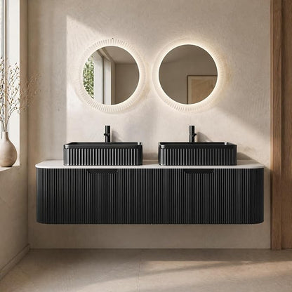 60 Inch Double Sink Bathroom Vanity, Floating Wall Mounted Cabinet, Black Curved Fluted Front, Stone Top, Dual Black Textured Rectangular Vessel Basins, Pre-Assembled