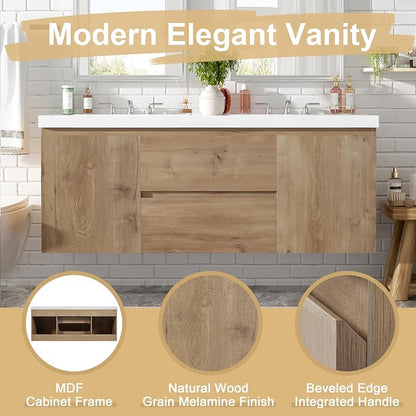 Modern Floating Natural Bathroom Vanity 60 Inch with Dual Sink, SMC Sink Top and Divided Drawers, Elegant Storage Cabinet with No Handle Design and Soft Close Doors for Large Bathrooms