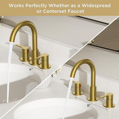 QFN Bathroom Faucets 3 Hole Brushed Gold, 8 Inch Widespread Vanity Sink Faucet with Aerator, 2 Handle 360° Swivel High Arc Spout, Spot-Free Finish, cUPC NSF Certified and CEC & DOE Compliant