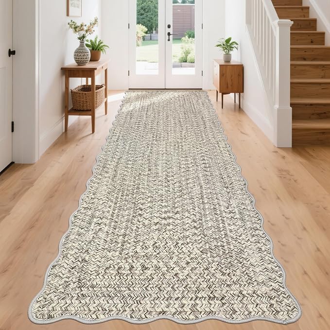 Imitation Braided Collection-Print Washable Runner Rug 2x8 Non Slip Bathroom Rug Scalloped Soft Farmhouse Throw Rugs Kitchen Runner Stain Resistant Carpet for Hallway Entryway Rugs