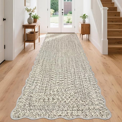 Imitation Braided Collection-Print Washable Runner Rug 2x8 Non Slip Bathroom Rug Scalloped Soft Farmhouse Throw Rugs Kitchen Runner Stain Resistant Carpet for Hallway Entryway Rugs