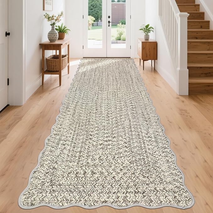 Imitation Braided Collection-Print Long Hallway Runners 2x10 Washable Area Rug, Farmhouse Rustic Bordered Area Rug Non Slip Soft Low Pile Indoor Carpet Runners for Entryways, Laundry Room