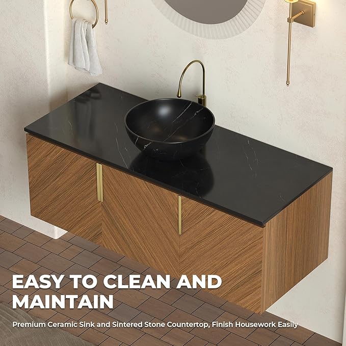 LKTART 48 Inch Bathroom Vanity with Sink, Modern Wall Mounted Bathroom Sink with 3 Doors, Black Sintered Stone Countertop and Black Bowl Ceramic Basin