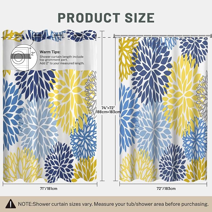 No Hook Floral Shower Curtain with Liner, Yellow, 71x74 | Snap in Liner, 3 in 1, Water Repellent, Easy Install, Machine Washable, Hotel Style for Bathroom, Watercolor Pattern
