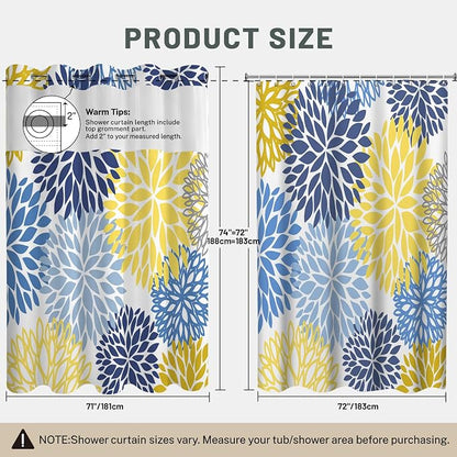 No Hook Floral Shower Curtain with Liner, Yellow, 71x74 | Snap in Liner, 3 in 1, Water Repellent, Easy Install, Machine Washable, Hotel Style for Bathroom, Watercolor Pattern