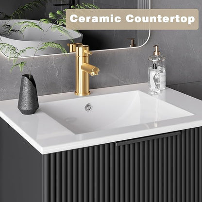 Pipleo 24" Bathroom Vanity Cabinet with Sink and Faucet, Wall Mounted Floating Bathroom Vanity with 2 Big Drawer and Metal Handles (Black, 24")
