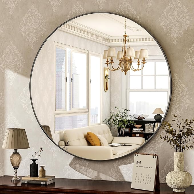 HARRITPURE 24 Inch Round Mirror Black Circle Bathroom Mirror | Modern Aluminum Alloy Frame Wall Mounted Vanity Mirror for Living Room, Bedroom, Entryway