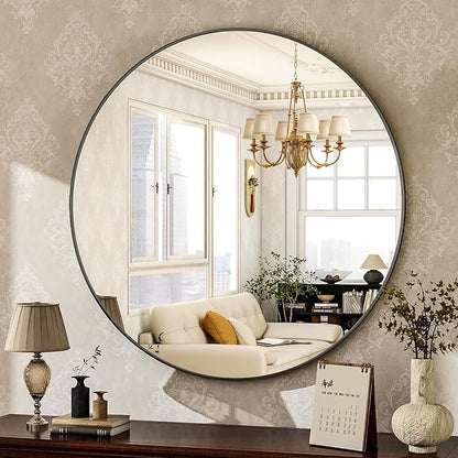 HARRITPURE 24 Inch Round Mirror Black Circle Bathroom Mirror | Modern Aluminum Alloy Frame Wall Mounted Vanity Mirror for Living Room, Bedroom, Entryway