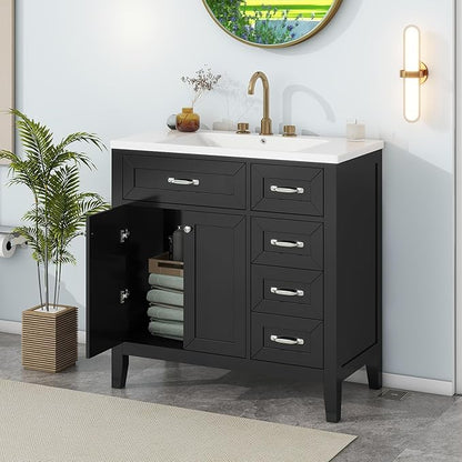 36 Inch Bathroom Vanities with Undermount Ceramic Sink, Storage Cabinet with Soft Closing Doors and Three Drawers, Solid Wood Frame, Black