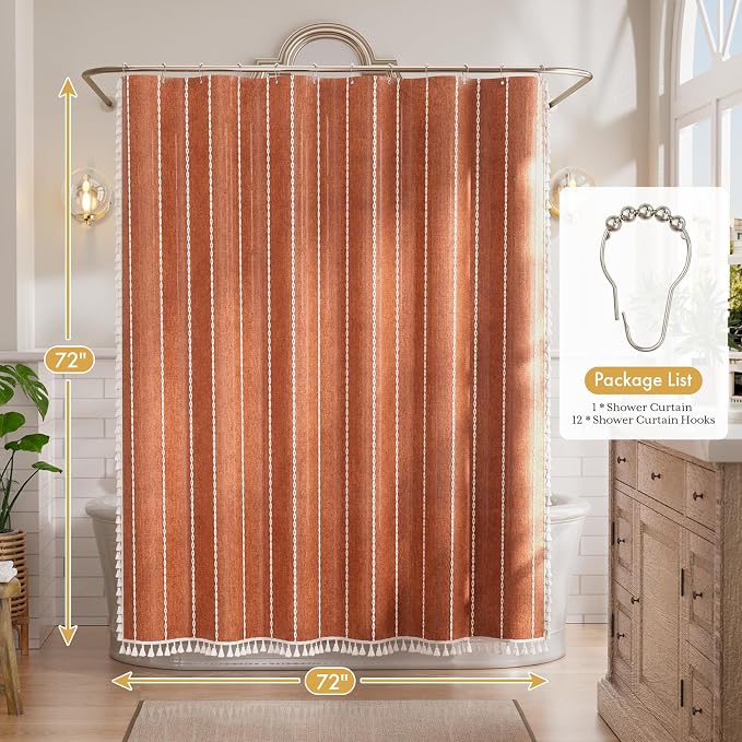 Bathway Farmhouse Shower Curtain Boho with Tassels, Linen Blend Heavy Duty Shower Curtain Set with 12 Metal Hooks, Vintage Rustic Fabric Curtain for Children Bathroom Window, 72x72 Inches, Fire Orange