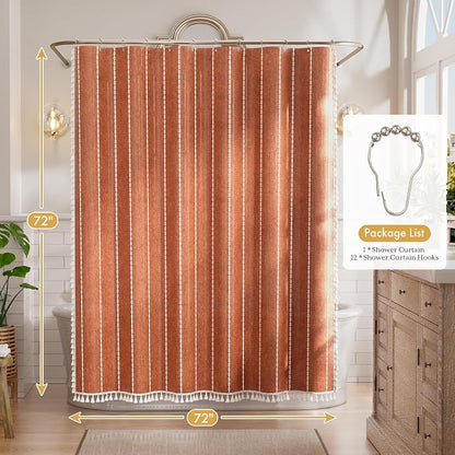 Bathway Farmhouse Shower Curtain Boho with Tassels, Linen Blend Heavy Duty Shower Curtain Set with 12 Metal Hooks, Vintage Rustic Fabric Curtain for Children Bathroom Window, 72x72 Inches, Fire Orange