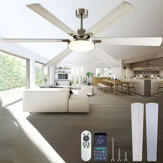 72 Inch Ceiling Fans with Lights and Remote Control,Indoor/Outdoor Flush Mount Low Profile Commercial Reversible Dimmable Ceiling Fans for Living Room Patio Industrial Shop,White Silver