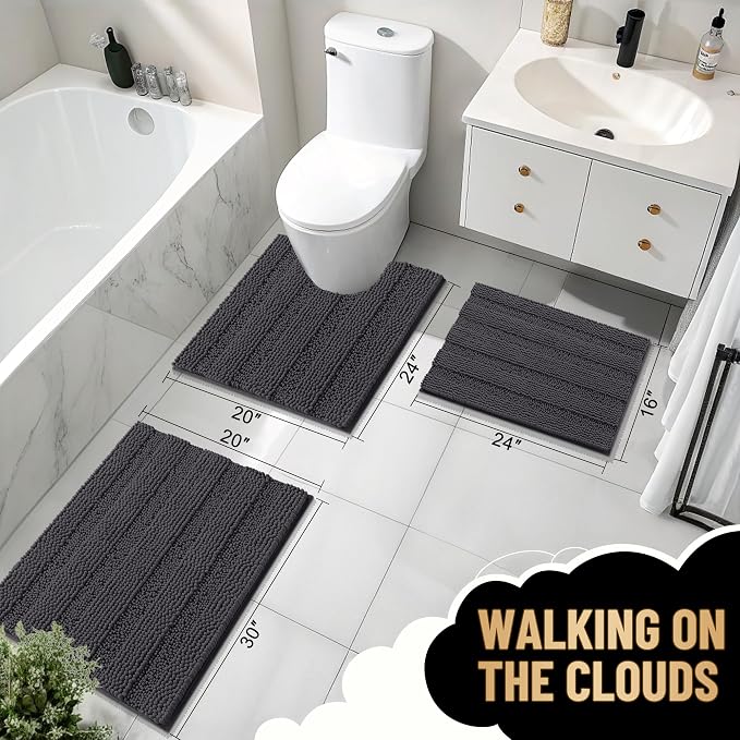 OLANLY Thick Large Bathroom Rugs 45x27, Soft Chenille Bath Rugs, Dark Grey | Absorbent Striped, Rubber Backing, Machine Wash Dry, Bath Mats for Bathroom Floor, Tub and Shower, Home Decor Accessories
