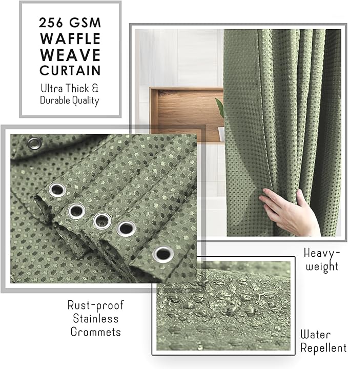 Clara Clark Sage Green Shower Curtain - Hotel Quality Waffle Fabric Bath Curtain 72x72, Heavy Duty Waterproof Shower Curtains for Bathroom