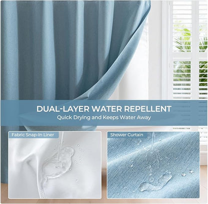 River Dream Linen Textured No Hooks Shower Curtain with Liner,Blue,71x74 | with Snap-in Liner,Heavy Duty Fabric,Quick Dry,Bottom Magnets,Water-Repellent,Washable,Farmhouse Bathroom Set