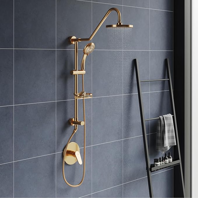 PULSE ShowerSpas Kauai III Brushed Gold Rain Shower Head with Handheld Spray - 1.8 GPM, 8" Showerhead, 5-Function HandShower, Adjustable Slide Bar - Shower Heads with Handheld Spray Combo