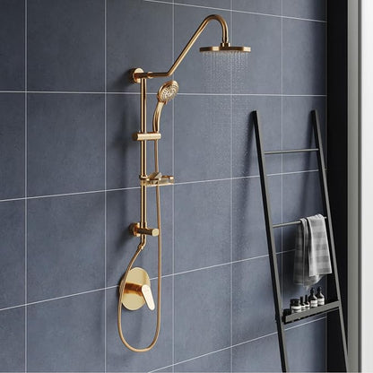 PULSE ShowerSpas Kauai III Brushed Gold Rain Shower Head with Handheld Spray - 1.8 GPM, 8" Showerhead, 5-Function HandShower, Adjustable Slide Bar - Shower Heads with Handheld Spray Combo