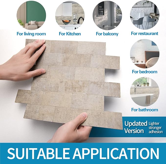 Art3d Peel and Stick Backsplash, Stick on Wall Tile, 10-Pack, Stone Beige | PVC, Self Adhesive, Splash Resistant, Multi-Surface Compatibility, Ideal for Kitchens, Fireplaces, Stair Areas