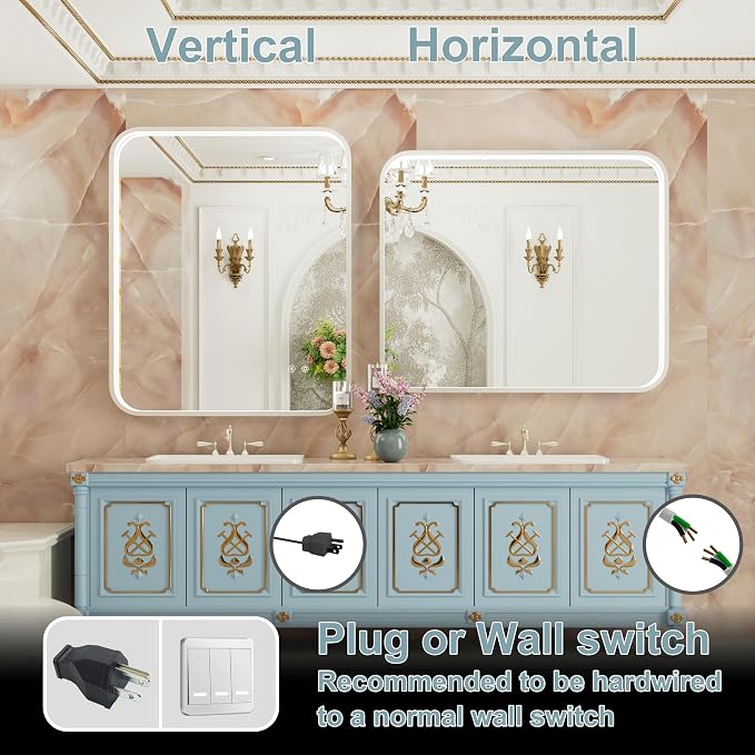 30"x36" Silver LED Bathroom Mirror with Lights,3000K/4500K/6000K | Stepless Dimmable,Anti-Fog,Memory Function,Aluminum Frame Wall Mount Lighted Bathroom Vanity Mirror,ETL Cert‌,IP54 Waterproof