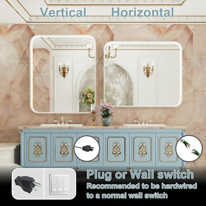 30"x36" Silver LED Bathroom Mirror with Lights,3000K/4500K/6000K | Stepless Dimmable,Anti-Fog,Memory Function,Aluminum Frame Wall Mount Lighted Bathroom Vanity Mirror,ETL Cert‌,IP54 Waterproof