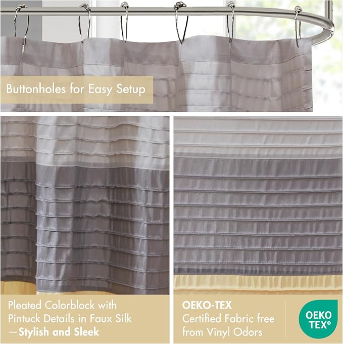 Madison Park Amherst 72 x 72 Bathroom Shower Curtain, Faux Silk, Yellow | Modern Classic, Light Sheen, Pieced, Striped, Microfiber, Machine Washable, OEKO-TEX Certified, Amherst