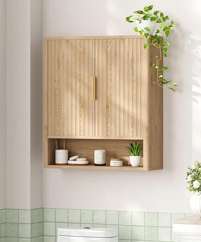 27.6" H Natural Bathroom Wall Cabinet with 2 Fluted Doors, Modern Medicine Cabinet with Adjustable Shelf, Curved Profile Wall Mounted Bathroom Cabinet for Kitchen, Living Room, Oak