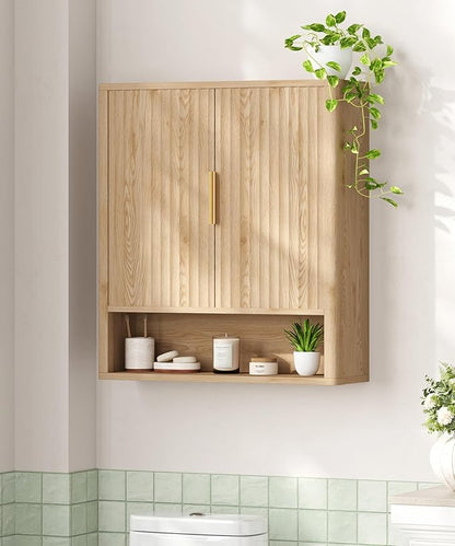 27.6" H Natural Bathroom Wall Cabinet with 2 Fluted Doors, Modern Medicine Cabinet with Adjustable Shelf, Curved Profile Wall Mounted Bathroom Cabinet for Kitchen, Living Room, Oak