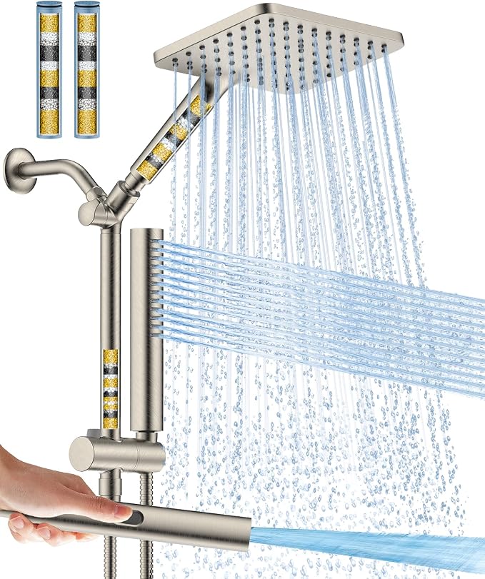Filtered Shower Head with Handheld Spray Combo High Pressure Rain Shower Head Dual Shower Head with Filters - Removes Chlorine Height Adjustable & Built-in Power Wash (Brushed Nickel)