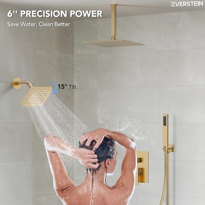 10" High-Pressure Rainfall Shower Faucet, Celling Mount Dual Shower Head System, Brushed Gold