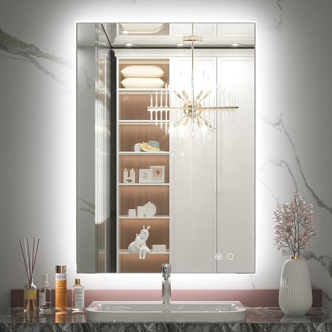 Keonjinn 24" x 36" Backlit Bathroom Mirror with Lights, Safe Tempered Glass | 3 Color Temperature, Auto-OFF Defogging, Dimmable, High Lumen, Memory Function, Hardwired/Plug in, Backlight LED Wall Mirror