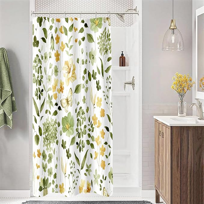 Small Stall Shower Curtain 36 x 72 Inch, Half Narrow Olive Green Floral Shower Curtains for Bathroom, Watercolor Flower Butterfly Fabric Shower Curtain Set with Hooks